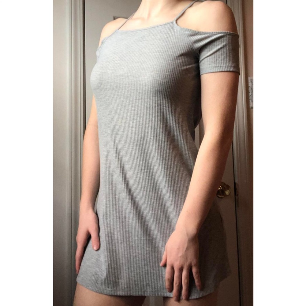 Divided Off The Shoulder Gray Sweater Dress